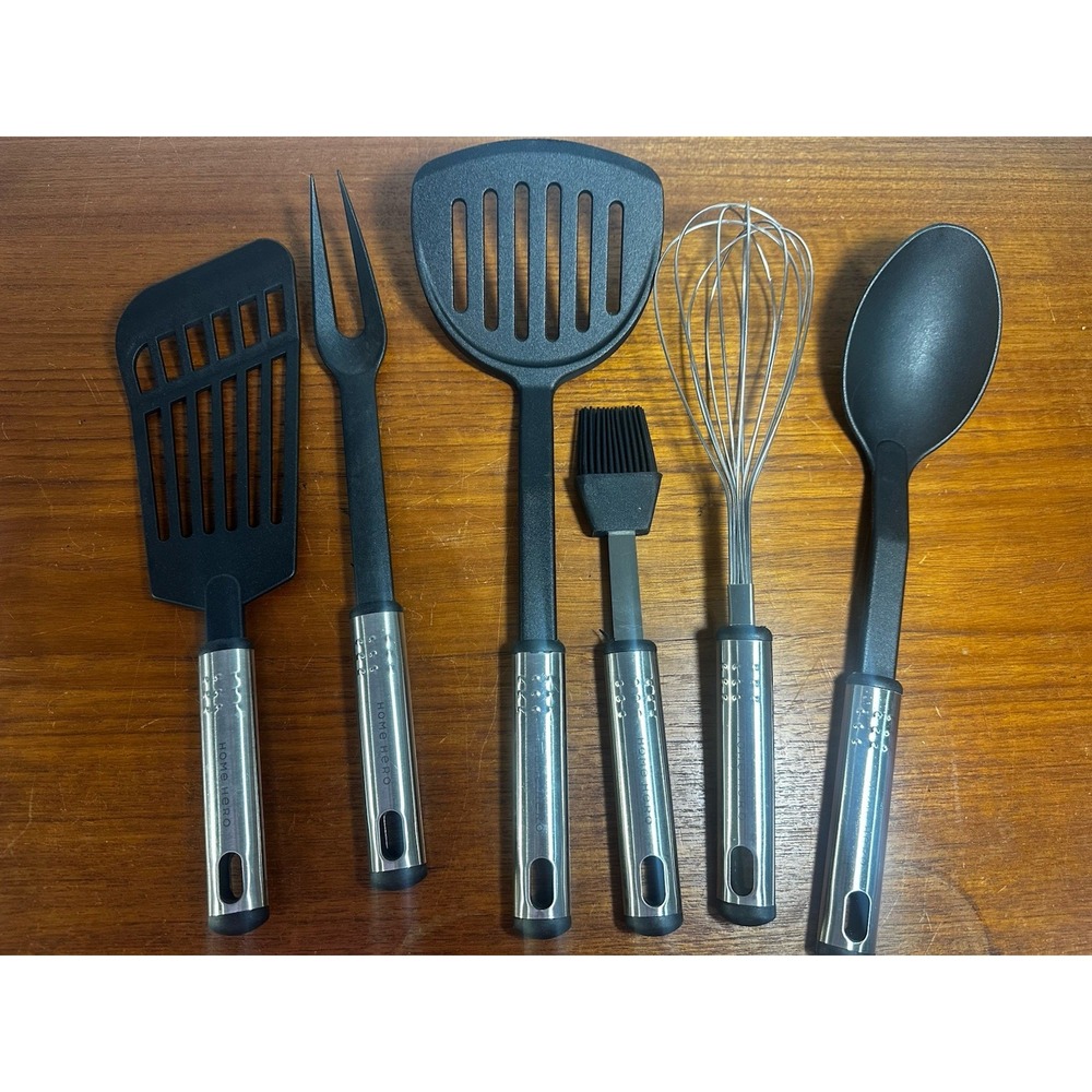 HOME PRO 6 Pc Black Nylon Kitchen Utensil Set Whisk Spatula Fork Brush